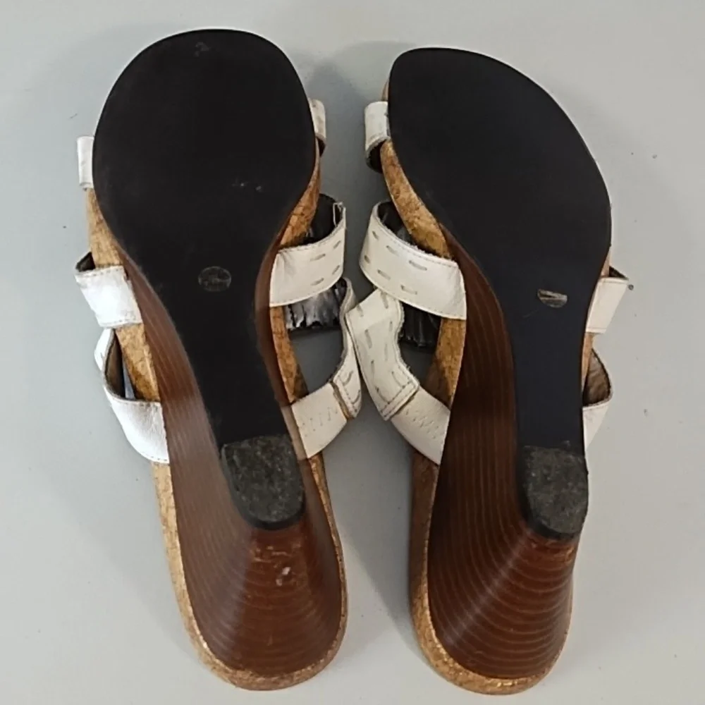 White Wedge Sandals with Leather Straps Stitching Cork Soles